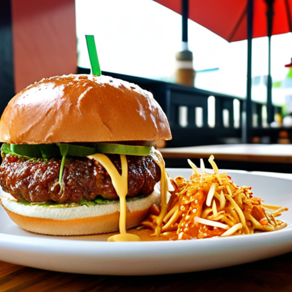 A vibrant, mouth-watering 'Laksa Burger' with a juicy patty and rich sauce sits on a rustic wooden table in a trendy, sunlit cafe in Bangsar, Malaysia. In the soft-focus background, a Malaysian diner gazes at the burger with a look of delightful temptation mixed with subtle contemplation, hinting at the deliciousness versus health dilemma of fusion food.