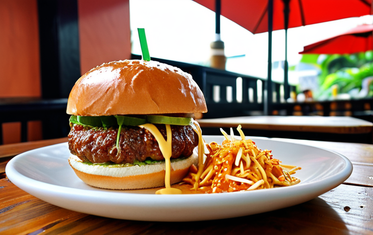 A vibrant, mouth-watering 'Laksa Burger' with a juicy patty and rich sauce sits on a rustic wooden table in a trendy, sunlit cafe in Bangsar, Malaysia. In the soft-focus background, a Malaysian diner gazes at the burger with a look of delightful temptation mixed with subtle contemplation, hinting at the deliciousness versus health dilemma of fusion food.