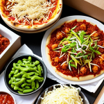 ** A colorful DIY pizza fusion kit box opened, revealing unique ingredients like 'serunding daging' (meat floss), 'sambal petai' (stinky bean chili paste), and kimchi. Focus on vibrant colors and a sense of excitement and discovery.

**
