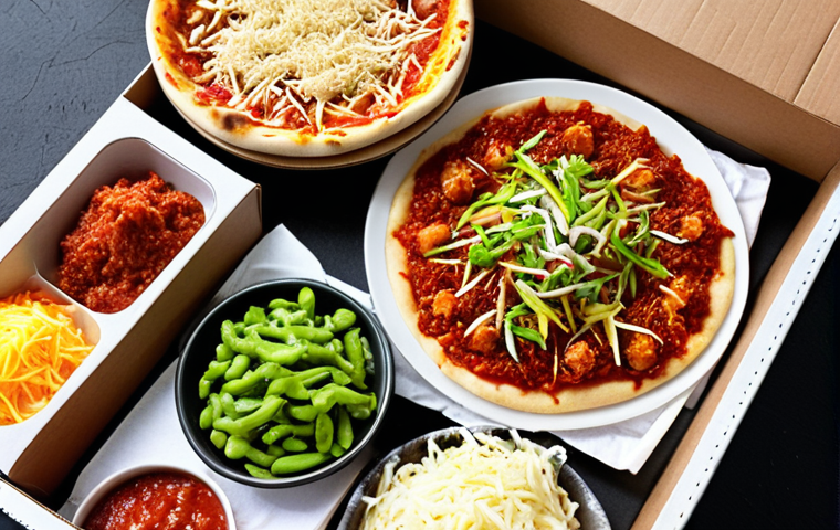 ** A colorful DIY pizza fusion kit box opened, revealing unique ingredients like 'serunding daging' (meat floss), 'sambal petai' (stinky bean chili paste), and kimchi. Focus on vibrant colors and a sense of excitement and discovery.
**