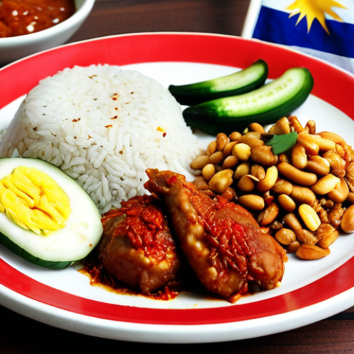 **A vibrant and colorful vegan Nasi Lemak plate, featuring vegan "chicken", sambal, cucumber, peanuts, and vegan anchovies. Close-up shot, emphasizing the textures and spices, with a Malaysian flag subtly in the background.**