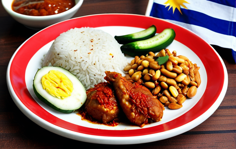 **A vibrant and colorful vegan Nasi Lemak plate, featuring vegan "chicken", sambal, cucumber, peanuts, and vegan anchovies. Close-up shot, emphasizing the textures and spices, with a Malaysian flag subtly in the background.**