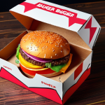 **Creative Burger Packaging:** A vibrant, eye-catching custom-made burger box with neon colors and pop art graphics. The box is made from recycled paper and showcases a delicious fusion burger inside. This highlights the importance of attractive and eco-friendly packaging in enhancing the customer's perception of food quality.