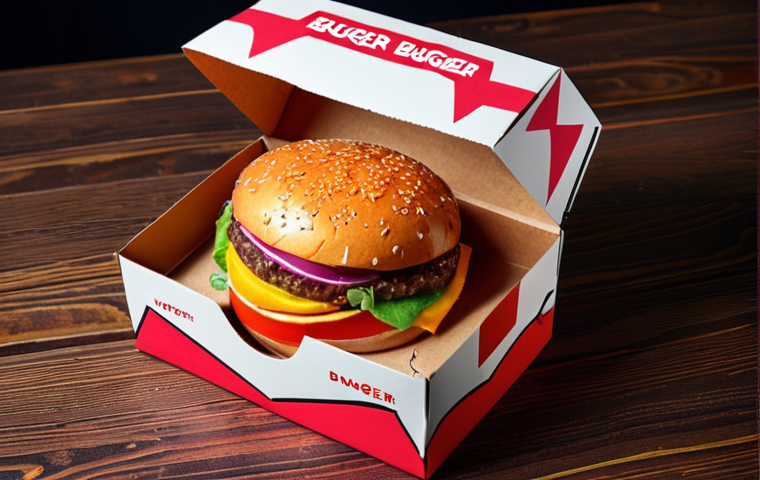 **Creative Burger Packaging:** A vibrant, eye-catching custom-made burger box with neon colors and pop art graphics. The box is made from recycled paper and showcases a delicious fusion burger inside. This highlights the importance of attractive and eco-friendly packaging in enhancing the customer's perception of food quality.