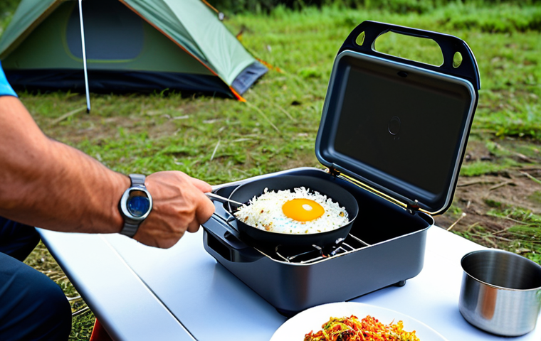 퓨전 패스트푸드 캠핑용 세트 - **

"A campsite scene in Pulau Tioman, Malaysia. A person is using a compact camping stove to cook n...
