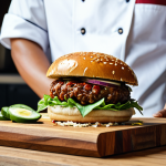 퓨전 패스트푸드 DIY 재료 추천 - A professional chef presenting a Nasi Lemak Burger on a wooden board, surrounded by traditional Mala...