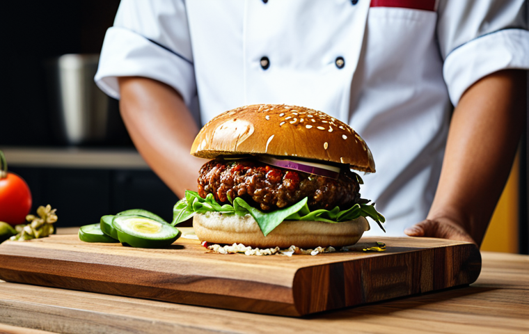 퓨전 패스트푸드 DIY 재료 추천 - A professional chef presenting a Nasi Lemak Burger on a wooden board, surrounded by traditional Mala...