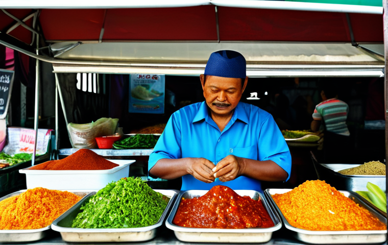 퓨전 패스트푸드 DIY 재료 추천 - A professional chef presenting a Nasi Lemak Burger on a wooden board, surrounded by traditional Mala...